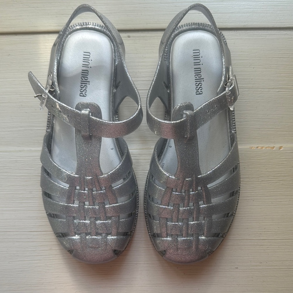 Mini Melissa Silver Sandals with Lattice Design and Ankle Strap